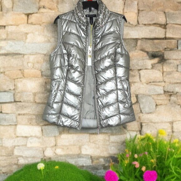 INC International Concepts (Small) Embellished Silver Puffer Vest - NWT - Picture 1 of 3